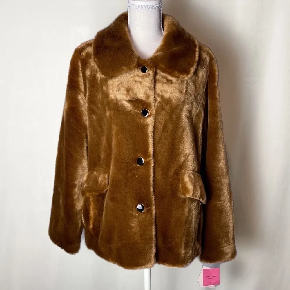Kate Spade Caramel Brown Faux Mink Fur Coat with Silky Pink Lining SZ L NWT